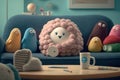Cuddly extrange funny criatures, watching tv, with blank signboards to help to communicate the messages, copy space, generative ai