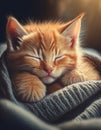 A cuddly ginger kitten nestles in a cozy blanket, peacefully dozing off with a contented purr