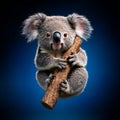 A cuddly koala clinging to an imaginary branch, sitting on a solid blue background,