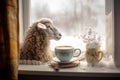 Cuddly sheep with warm beverage cup window glass. Generate ai