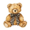 A Cuddly Teddy Bear with a checkered bow, watercolor illustration Royalty Free Stock Photo