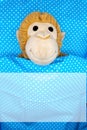 Cuddly toy monkey in bed under a blue duvet with white dots as motif for congratulations card with copy space for text