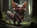 A cuddly Werewolf pup with a floppy ears and a wide toothy grin bounding through the forests of the night. Cute creature