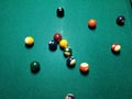 Cue aim billiard snooker pyramid on green table. A Set of snookers/pool balls on Billiards table. Royalty Free Stock Photo