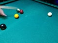 Cue aim billiard snooker pyramid on green table. A Set of snookers/pool balls on Billiards table. Royalty Free Stock Photo