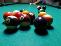 Cue aim billiard snooker pyramid on green table. A Set of snookers/pool balls on Billiards table. Royalty Free Stock Photo