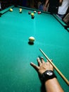 Cue aim billiard snooker pyramid on green table. A Set of snookers/pool balls on Billiards table. Royalty Free Stock Photo