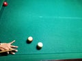 Cue aim billiard snooker pyramid on green table. A Set of snookers/pool balls on Billiards table. Royalty Free Stock Photo