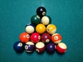 Cue aim billiard snooker pyramid on green table. A Set of snookers/pool balls on Billiards table.