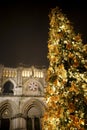 Cuenca Cathedral facade on a foggy night at Christmas time