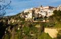 Cuenca cityscape on rocky ledge overlooking parish church of San Miguel Royalty Free Stock Photo