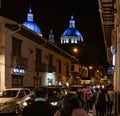 Cuenca, Ecuador, Dec 7, 2021 - Domes of the New Cahtedral Catholic Church are illuminated in Cuenca, Ecuador