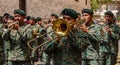 cuenca, Ecuador, Dec 24, 2021 - Men plays trombone in the traditional Traveling Child Pase del Nino Christmas Eve Parade Royalty Free Stock Photo