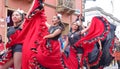 Group of dancers in a colourful dress at the parade, Ecuador