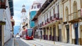 Cuenca, Ecuador, City tramway on street in hstorical center of city