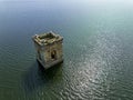 Cuerda del Pozo reservoir bell tower of the church of La Muedra Soria province