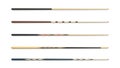 Cues for billiard, snooker realistic templates set . Wooden sticks with various design for cuesports.