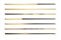 Cues for billiard, snooker realistic templates. Wooden sticks with various design for cuesports. Vector