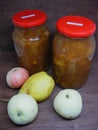 Cuisine of Belarus and traditional russian cuisine: jam of apple in jars