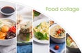 Cuisine of different countries, such as Asian and Europe. Food collage with copy space Royalty Free Stock Photo