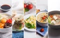 Cuisine of different countries, such as Asian and Europe. Food collage Royalty Free Stock Photo