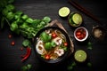 soup food hot noodle vegetable japanese cuisine asian meal background bowl. Generative AI.