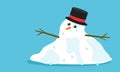 Cuite sad melting snowman with hat and tears in flat cartoon style, isolated on blue background. Vector EPS 10 illustration Royalty Free Stock Photo