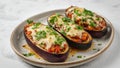 Culinary Arrangement. A Trio of Stuffed Vegetable Shells with Melted Cheese Topping. Royalty Free Stock Photo