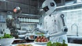 Culinary arts evolve as a robot and human chef share skills in a futuristic kitchen setting. Robotic relationships