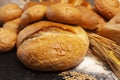 Culinary background with bread,sweet bun,wheat ears,grains on a black background. Royalty Free Stock Photo