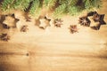 Culinary background. Cutters for cookie, anise and branch of Christmas tree. Royalty Free Stock Photo