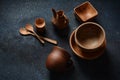 Culinary background : empty ceramic plates, wooden or bamboo spoons and bowls Royalty Free Stock Photo