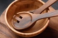 Culinary background, empty ceramic plates, wooden or bamboo spoons and bowls Royalty Free Stock Photo