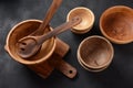 Culinary background, empty ceramic plates, wooden or bamboo spoons and bowls Royalty Free Stock Photo