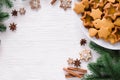 Culinary background with freshly baked Christmas gingerbread, spices and fir branches. Copy space Royalty Free Stock Photo