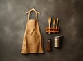 Culinary background, kitchen utensils and apron on kitchen countertop with blank space for any recipe or menu text Royalty Free Stock Photo