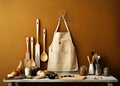 Culinary background, kitchen utensils and apron on kitchen countertop with blank space for any recipe or menu text Royalty Free Stock Photo