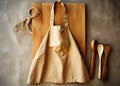 Culinary background, kitchen utensils and apron on kitchen countertop with blank space for any recipe or menu text Royalty Free Stock Photo