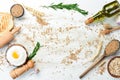 Culinary background: flour, rye, wheat, kitchen utensils. Baking. Top view. Rustic style Royalty Free Stock Photo