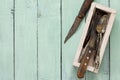 Culinary background. Vintage kitchen utensils on a wooden kitchen table. Royalty Free Stock Photo