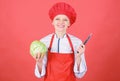 Culinary basics. Best knives to buy. Be careful while cut. Cut vegetables like chef. Woman professional chef hold sharp