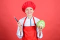 Culinary basics. Best knives to buy. Be careful while cut. Cut vegetables like chef. Woman professional chef hold sharp
