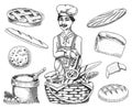 Culinary boss, chef cooker, baker in apron. Bag with flour or basket. Engraved hand drawn in old sketch vintage style Royalty Free Stock Photo