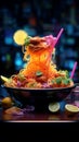 Culinary brilliance in neon A visual treat of illuminated and appetizing food