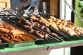 Culinary Buffet with healthy take away meal - grilled vegetables, fish and meat on the street food culinary market, festival, even Royalty Free Stock Photo