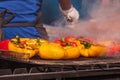 Culinary Buffet with healthy take away meal - grilled vegetables, fish and meat on the street food culinary market, festival, even Royalty Free Stock Photo
