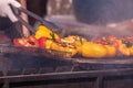 Culinary Buffet with healthy take away meal - grilled vegetables, fish and meat on the street food culinary market, festival, even Royalty Free Stock Photo