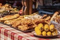 Culinary buffet with a presentation of a variety of healthy food - meat, sausage, grilled vegetables.