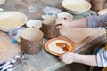 Culinary class for children and parents - cooking Easter cake, on the table lie ingredients and tools for work.