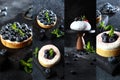 Culinary collage. Desserts with blueberries.Collage of different photos with desserts. Pavlova's dessert. A set of